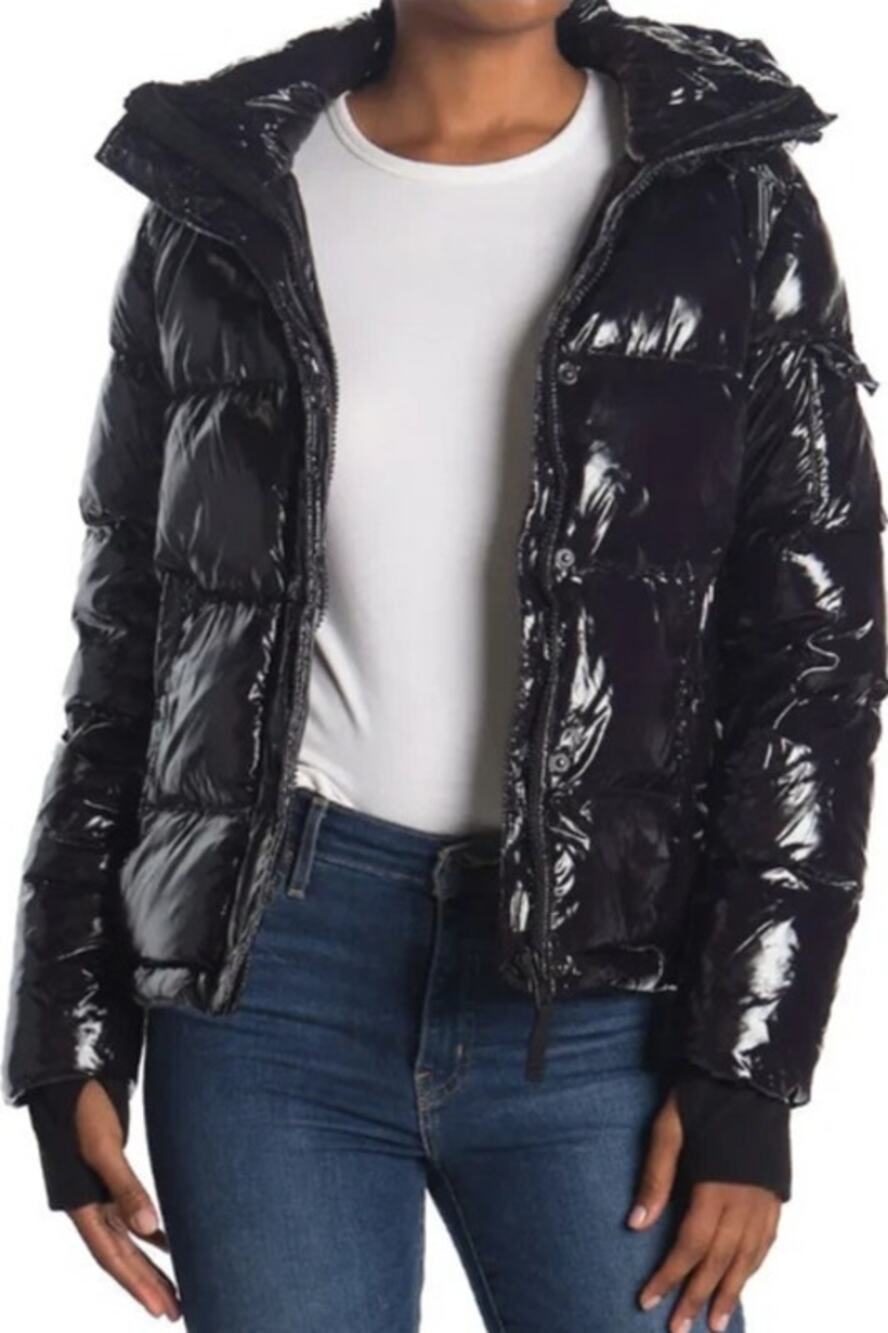 S13 Ella Lacquer Puffer Jacket Down Full Zip Water-Resistant Onyx Black Large